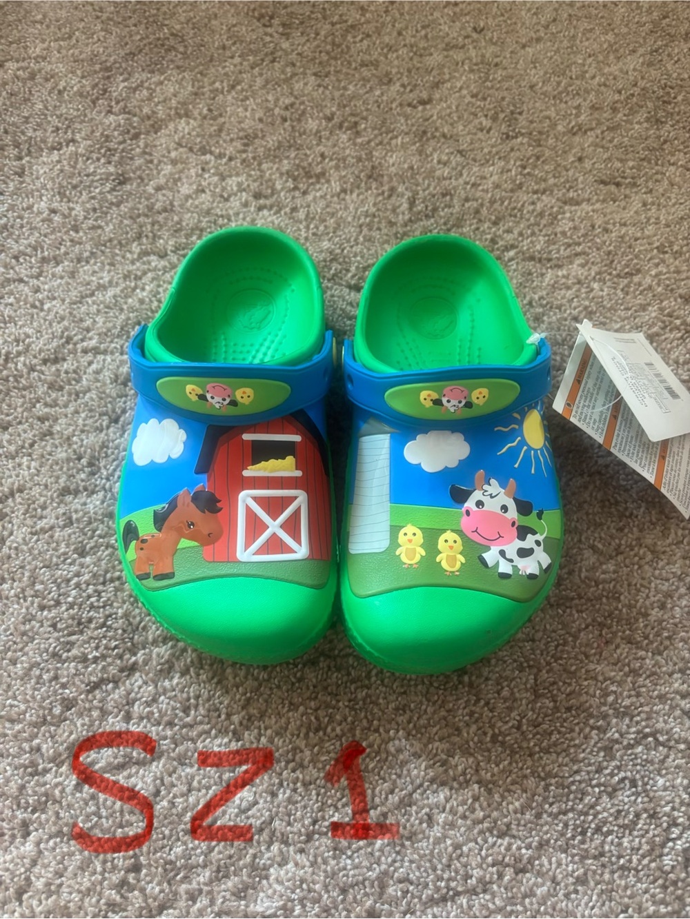 CROCS Kids Green and Blue Farm Clogs with Barn & Animal Graphics